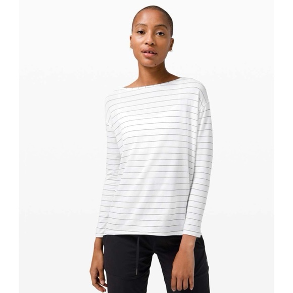 lululemon athletica Tops - Lululemon Back In Action Long Sleeve Short Serve Stripe White Black 4